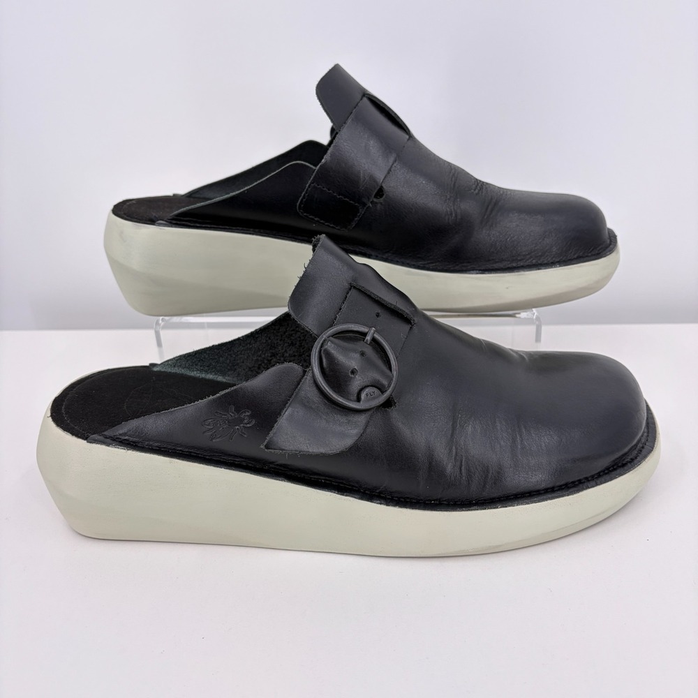 Fly London Black Leather Wedge Mule Clogs Slip On Shoes Womens 40 US 9